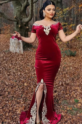 Burgundy Velvet Christmas Party Dress Appliques Short Sleeve Formal Dress with Detachable Train
